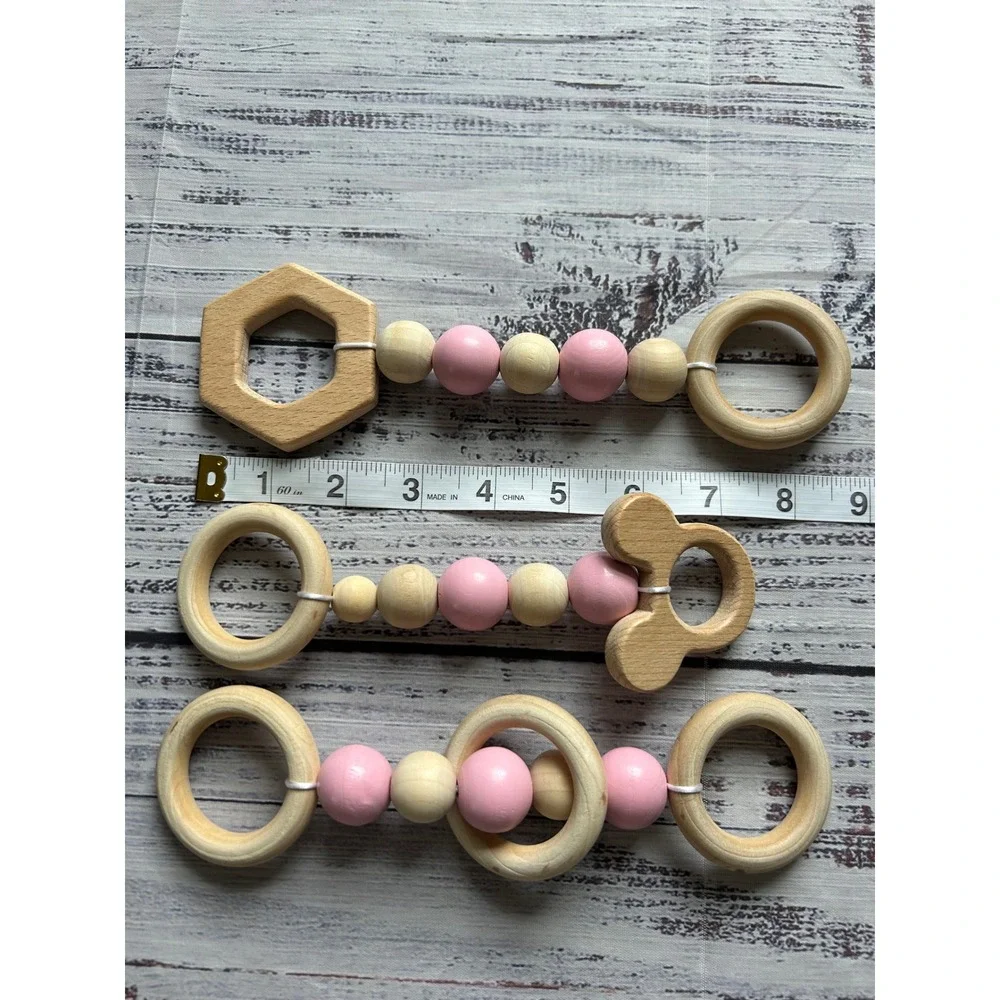 Wooden Teether Set Kids Pink Natural Wood 3 Piece Set Mickey Ears